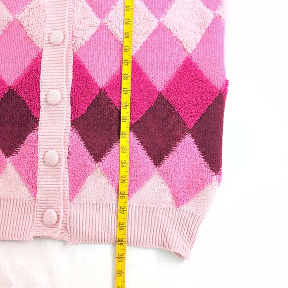Lush Argyle Coquette Dopamine Button Down Cardigan Sweater Women's Med Oversized - Picture 7 of 9